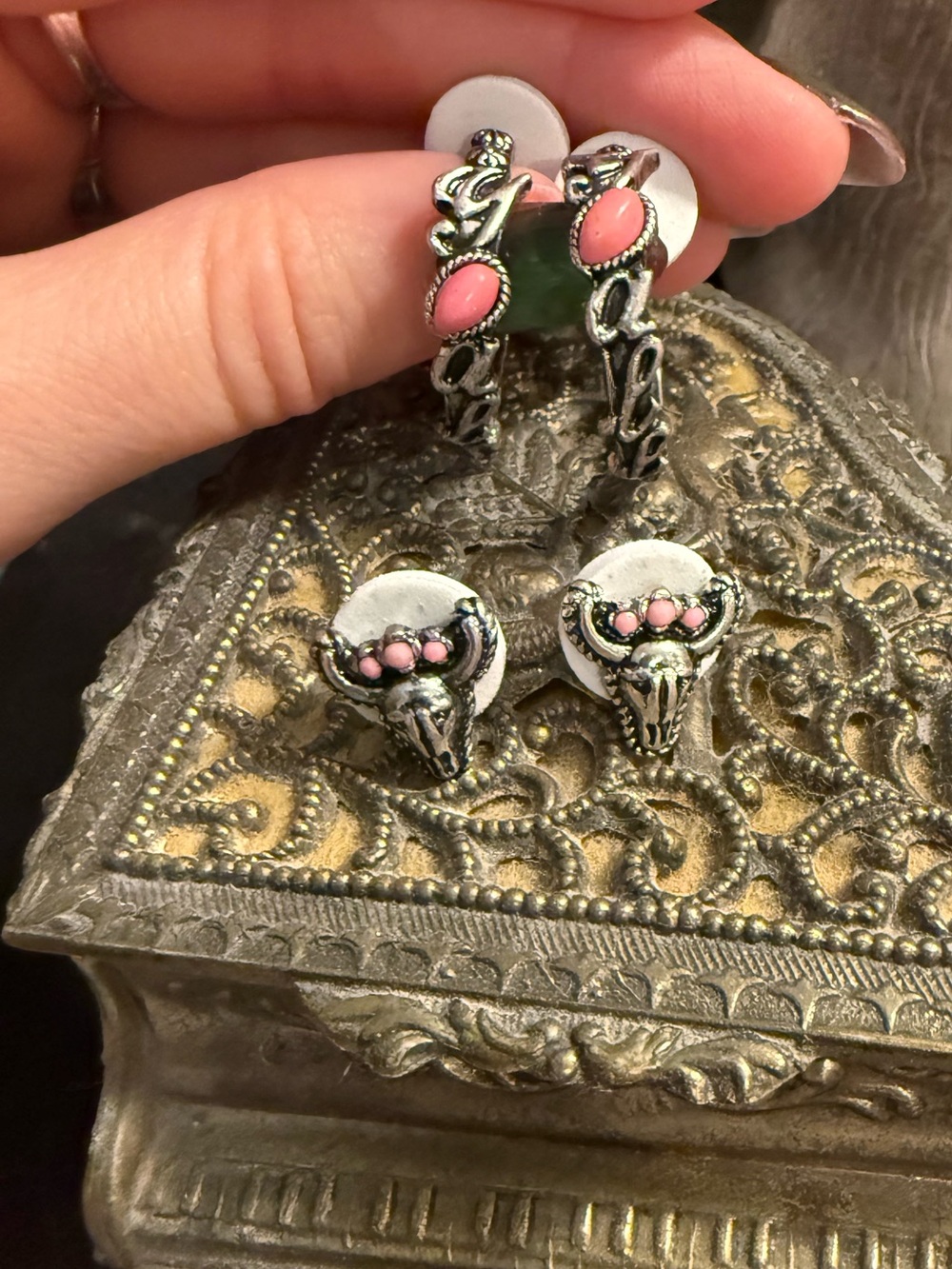 Pink Stone Silver-Tone Western Hoop and Stud Earring Set